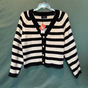 NWT Cider Black White Striped Sweater Cardigan Medium Long Sleeve Knit Metallic